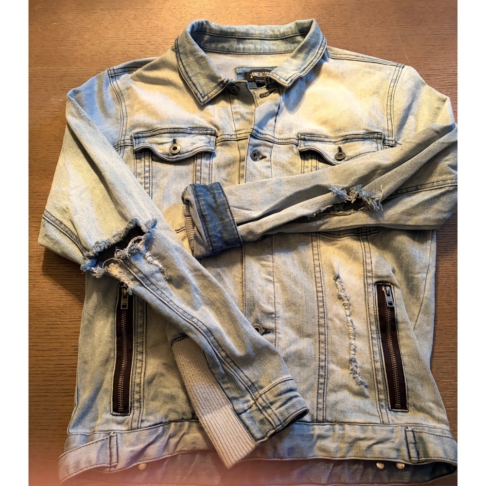 Zanerobe Distressed Denim Jacket Light Wash Ribbed Sleeve ZNRB-03-CARB Mens